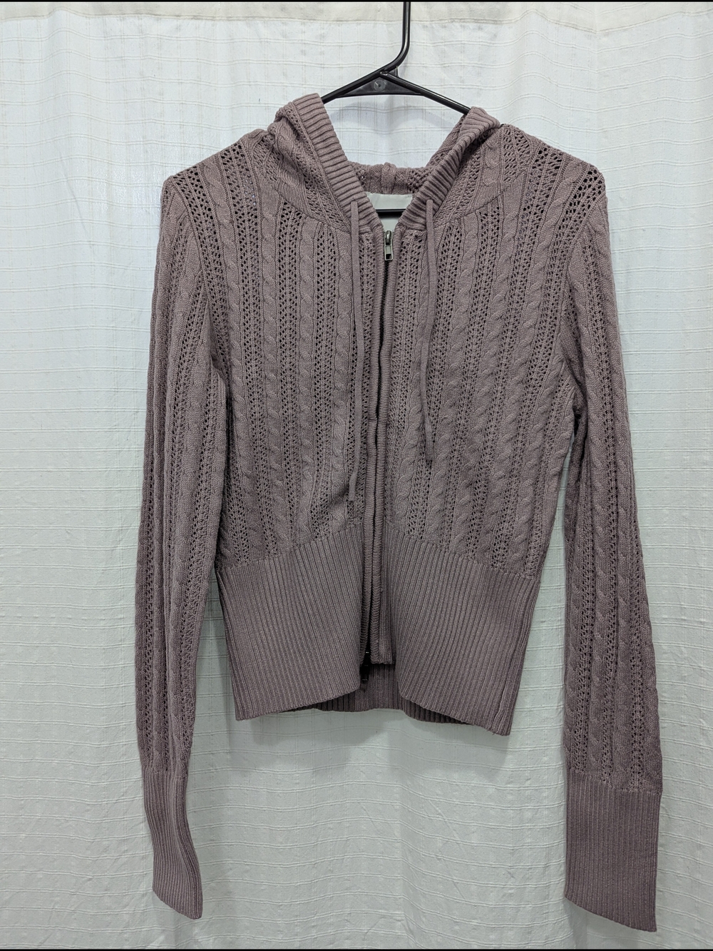 Pink Rose Mauve Cable-Knit Zip Hoodie Cardigan